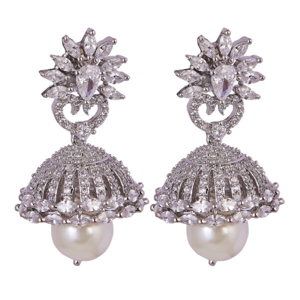 Silver American Diamond Earrings with Pearl - Image 3