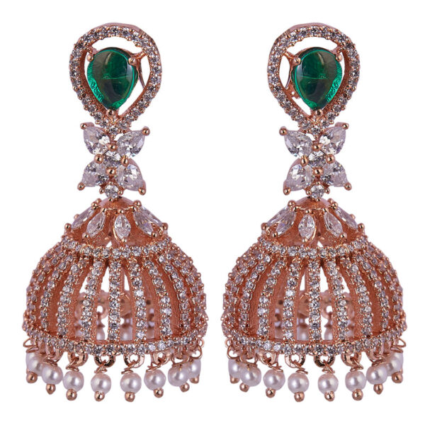 Rose Gold & Dark Green American Diamond Earrings - Image 4