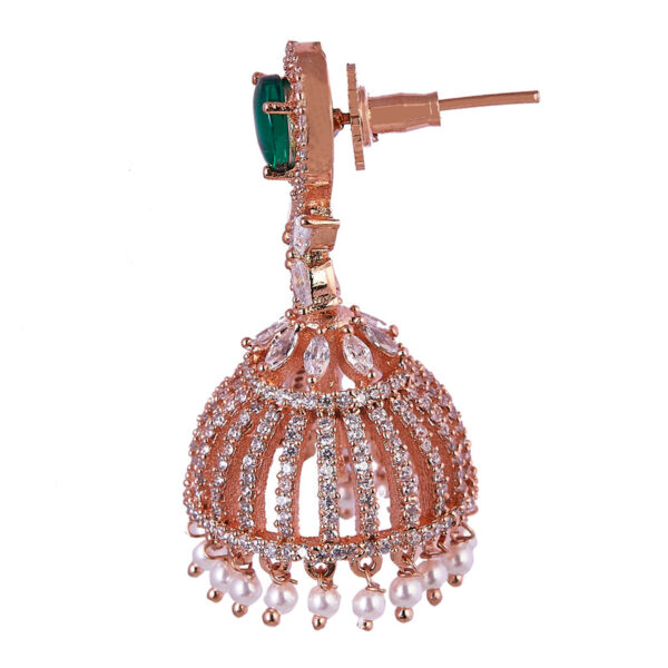 Rose Gold & Dark Green American Diamond Earrings - Image 3