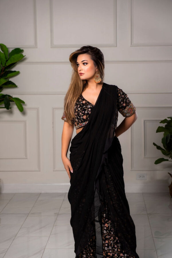 Black Multi-Color Embroidered Blouse with Pant & Attached Dupatta