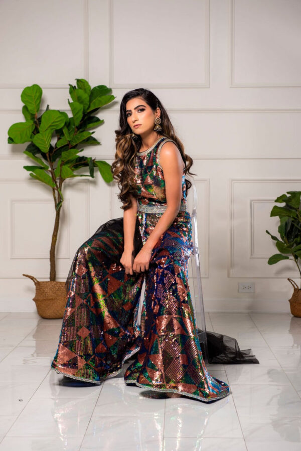 Mermaid Sequin Jumpsuit with Dupatta - Image 4