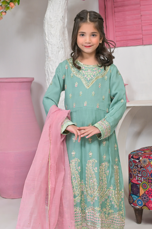 Mint Green Girl's Gown with Gold and Bubble Gum Pink Work and Dupatta - Image 3