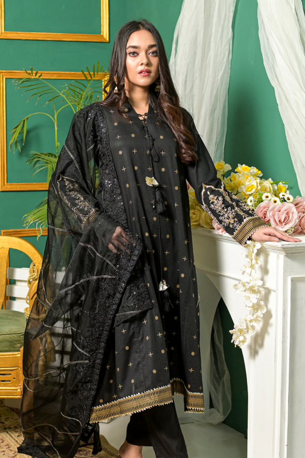 Black A Line Formal Suit with Gold Work and Net Dupatta - Image 2