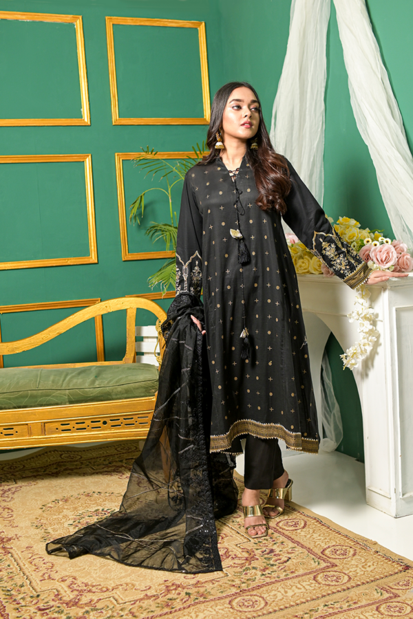 Black A Line Formal Suit with Gold Work and Net Dupatta - Image 3