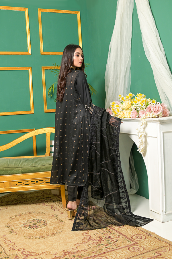 Black A Line Formal Suit with Gold Work and Net Dupatta - Image 5