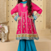 Hot Pink and Teal Girl's Gharara Pant Suit with Gold Work - Image 2