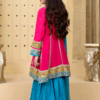 Hot Pink and Teal Girl's Gharara Pant Suit with Gold Work - Image 4