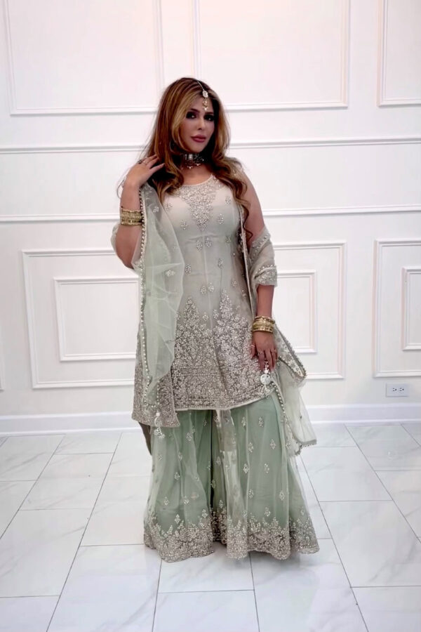 Mint Green Gharara suit with Jacket and Dupatta - Image 3