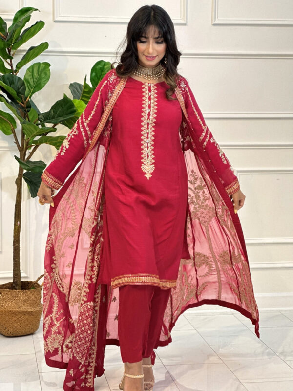 Hot Pink & Gold 3pc Luxury Pret Suit - Image 5