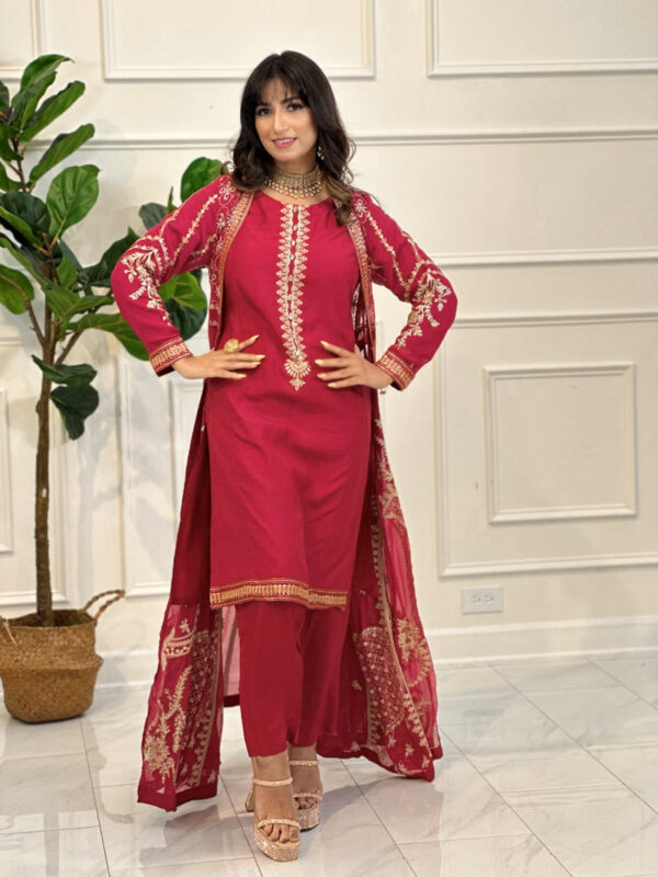 Hot Pink & Gold 3pc Luxury Pret Suit - Image 2