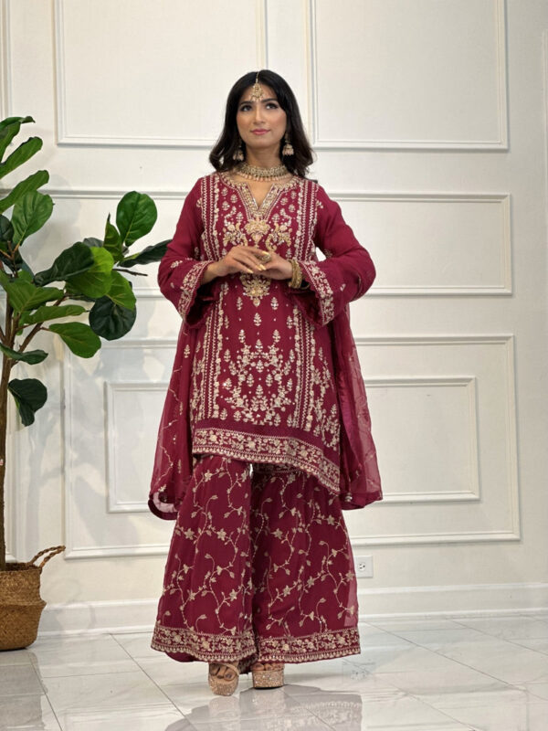 Raspberry Pink Gharara Pant Suit with Champagne Embroidery 3pc Suit