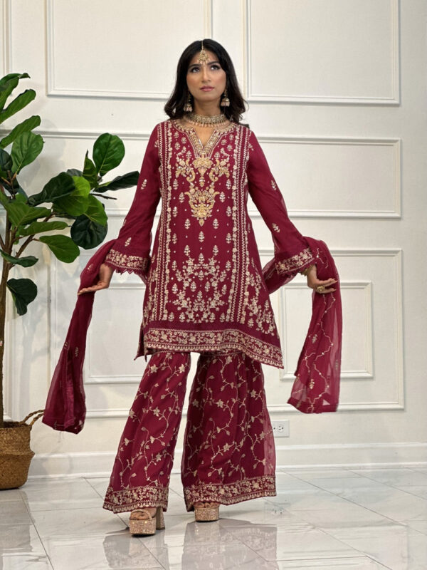 Raspberry Pink Gharara Pant Suit with Champagne Embroidery 3pc Suit - Image 5