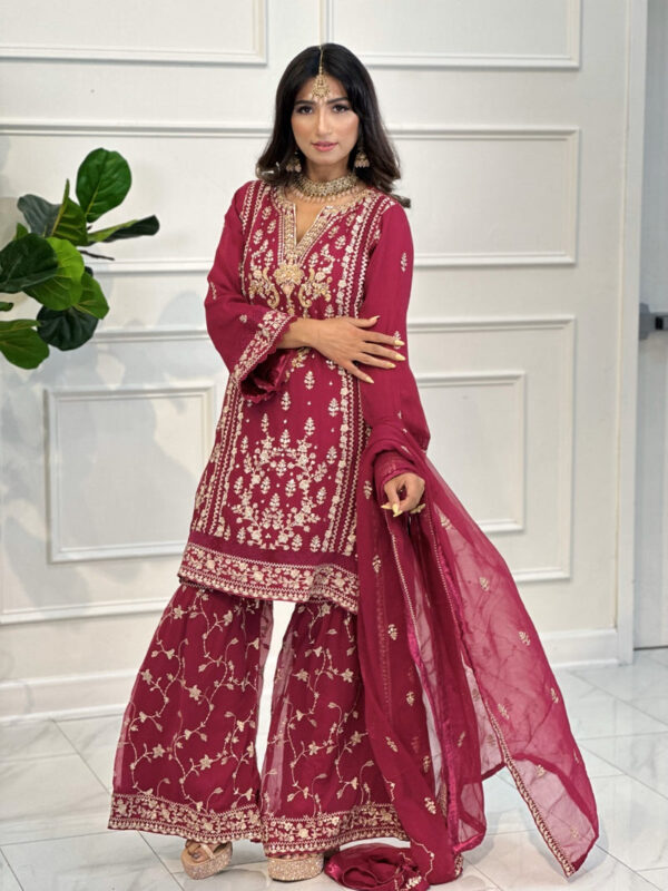 Raspberry Pink Gharara Pant Suit with Champagne Embroidery 3pc Suit - Image 4