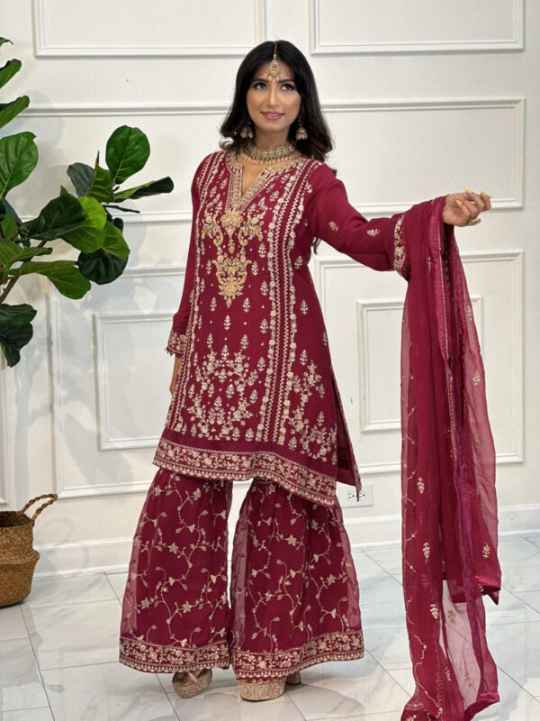 Raspberry Pink Gharara Pant Suit with Champagne Embroidery 3pc Suit - Image 7