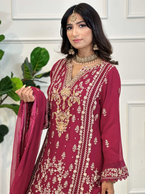 Raspberry Pink Gharara Pant Suit with Champagne Embroidery 3pc Suit - Image 6