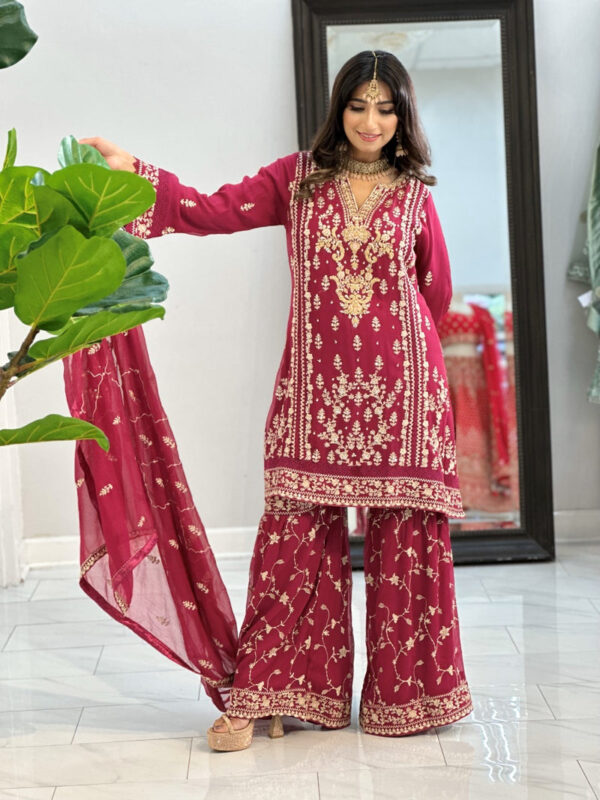 Raspberry Pink Gharara Pant Suit with Champagne Embroidery 3pc Suit - Image 2