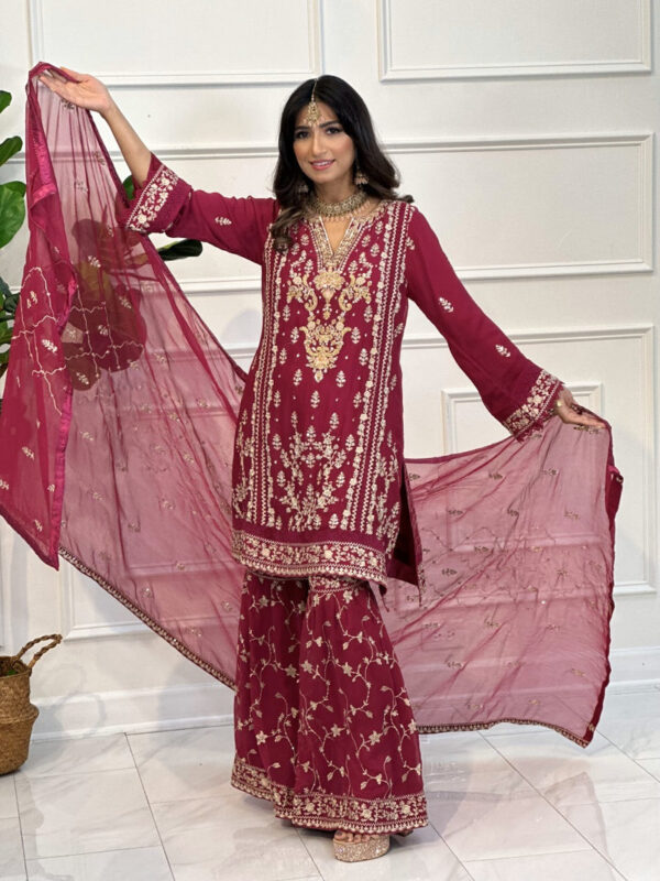 Raspberry Pink Gharara Pant Suit with Champagne Embroidery 3pc Suit - Image 3