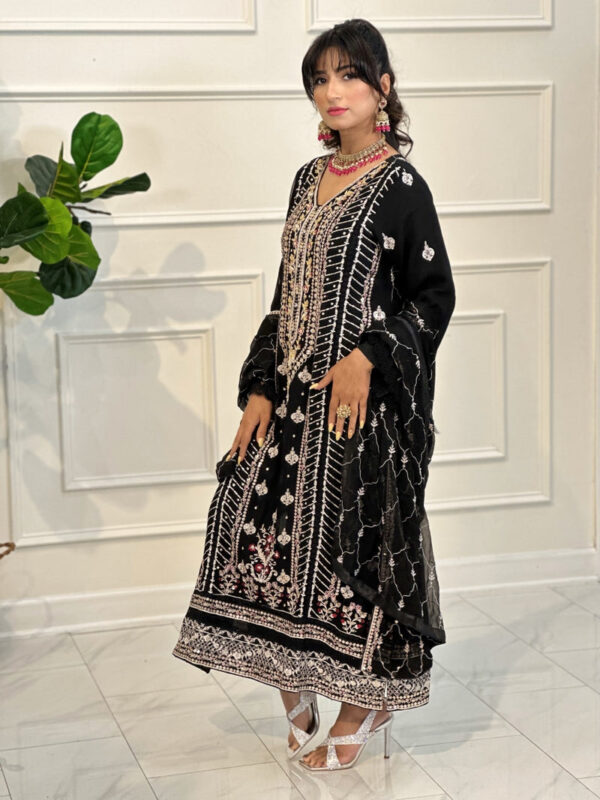 Black 3pc Luxury Suit with Gold, Silver and pink Embellishments - Image 3