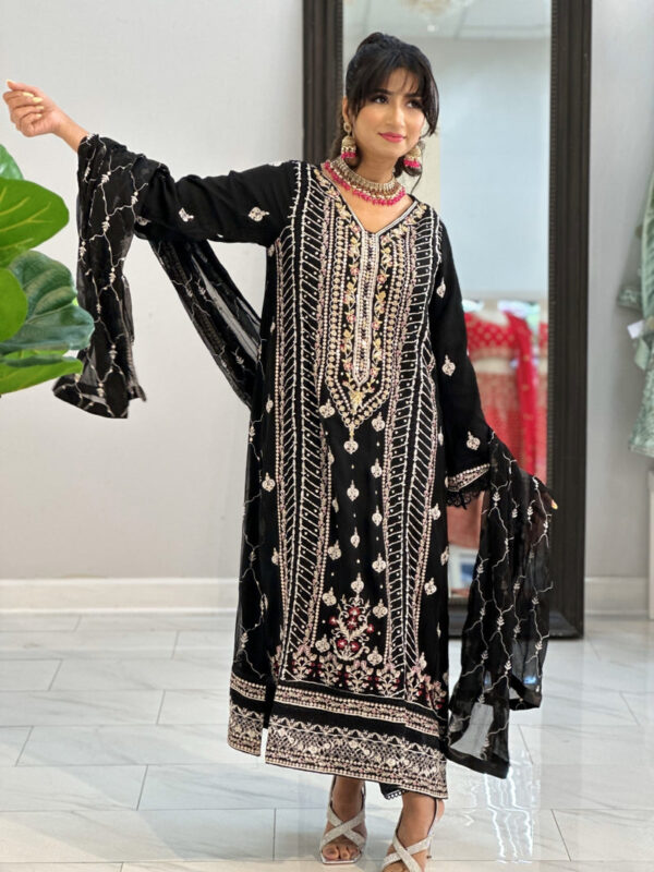 Black 3pc Luxury Suit with Gold, Silver and pink Embellishments - Image 6