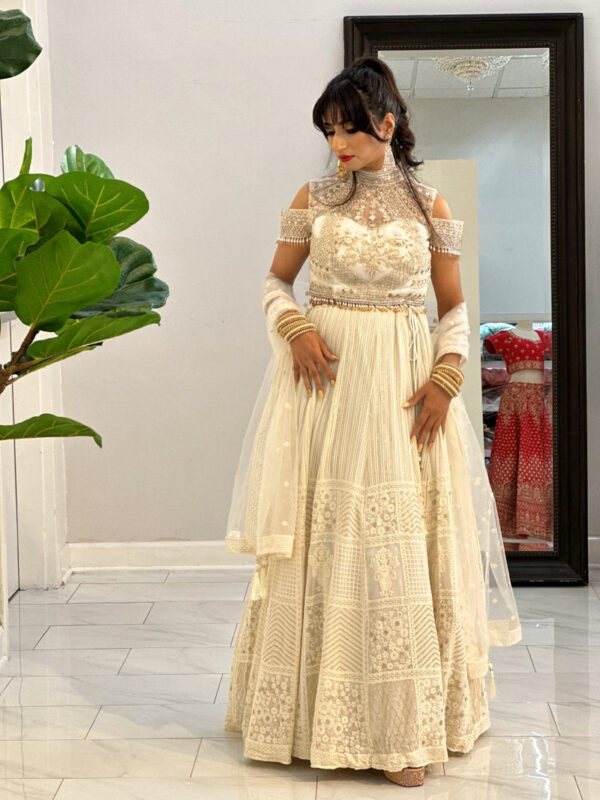 Silver & Gold Embellished white Lehenga Choli with Collar & Cap Sleeves & Fancy Dupatta - Image 6