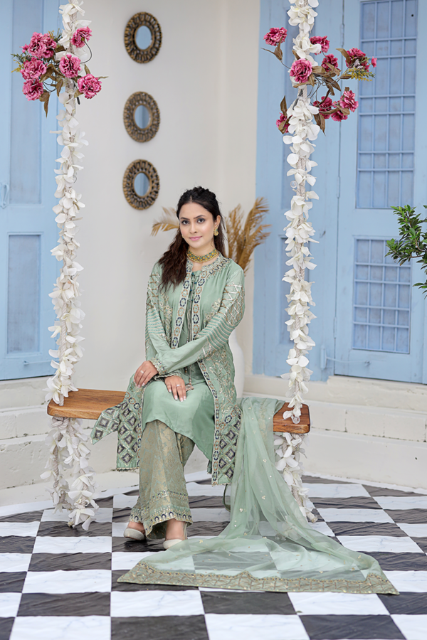 Mint Green & Mixed Metal Work Suit with Jacket and Dupatta