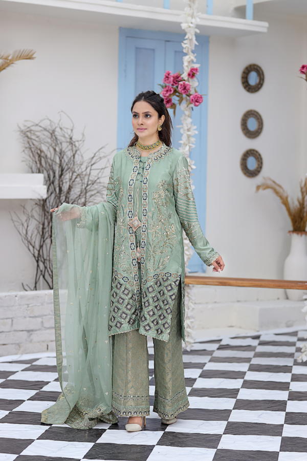 Mint Green & Mixed Metal Work Suit with Jacket and Dupatta - Image 2