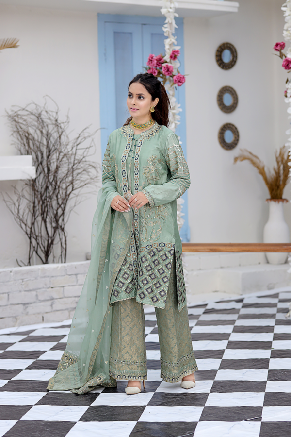 Mint Green & Mixed Metal Work Suit with Jacket and Dupatta - Image 3