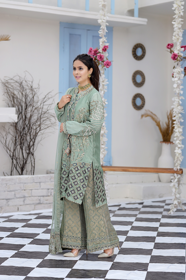 Mint Green & Mixed Metal Work Suit with Jacket and Dupatta - Image 4