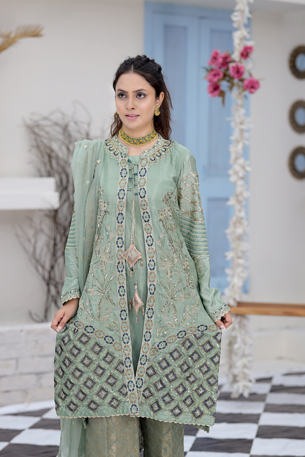 Mint Green & Mixed Metal Work Suit with Jacket and Dupatta - Image 6