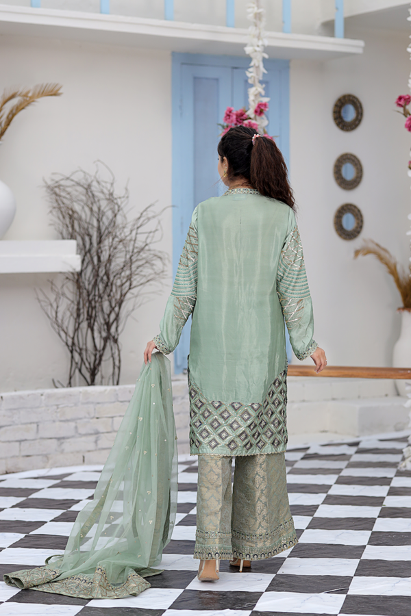 Mint Green & Mixed Metal Work Suit with Jacket and Dupatta - Image 7