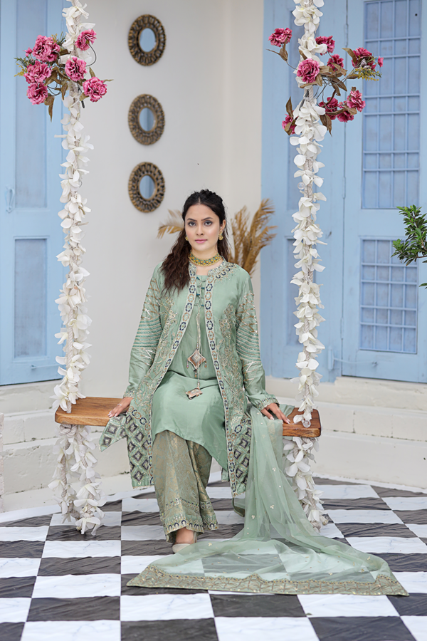 Mint Green & Mixed Metal Work Suit with Jacket and Dupatta - Image 5