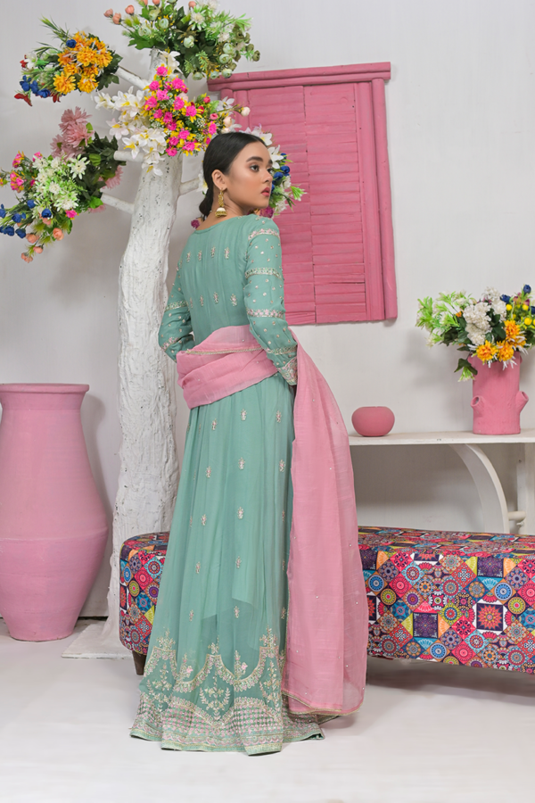 Mint Green Gown with Gold and Bubble Gum Pink Work and Dupatta - Image 3