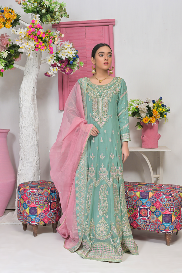 Mint Green Gown with Gold and Bubble Gum Pink Work and Dupatta