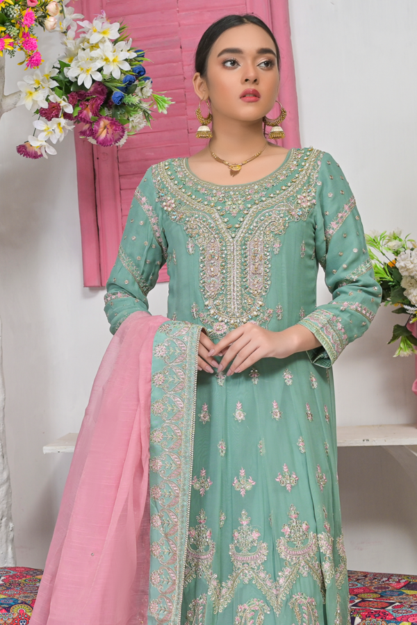 Mint Green Gown with Gold and Bubble Gum Pink Work and Dupatta - Image 2