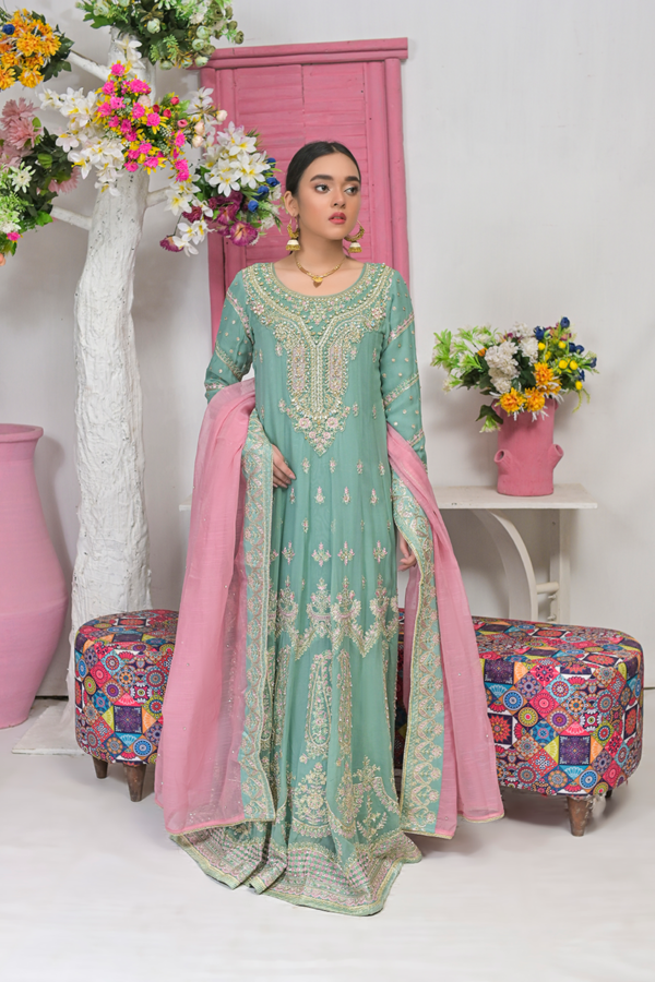 Mint Green Gown with Gold and Bubble Gum Pink Work and Dupatta - Image 4