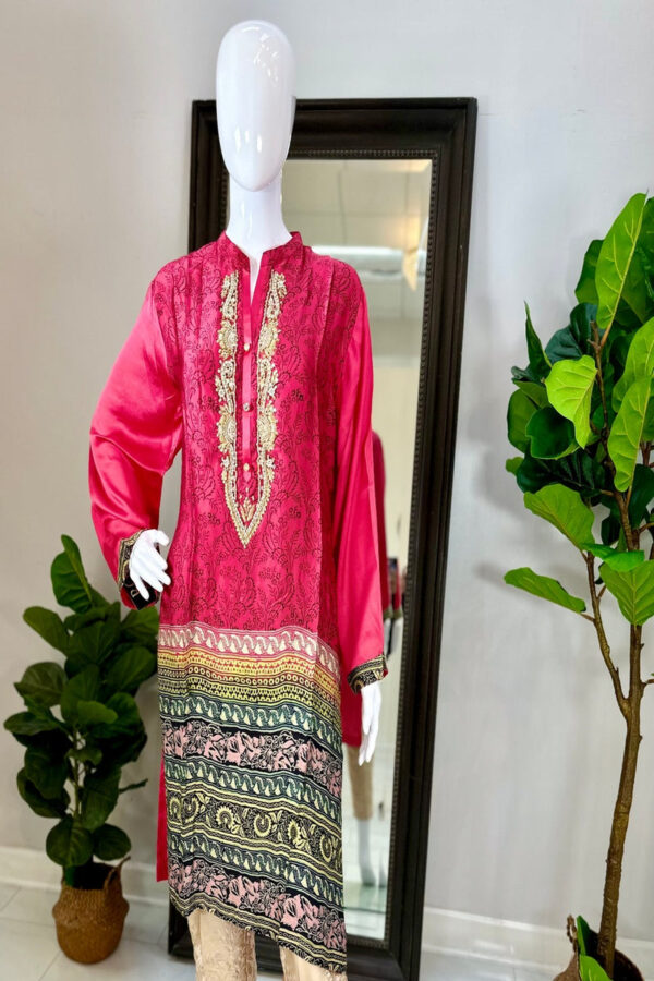 Pink Silk Digital Print Kurti - Image 3