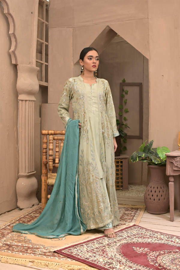 Pista Green Suit with Jacket & Teal Dupatta 4 Piece Suit - Image 7