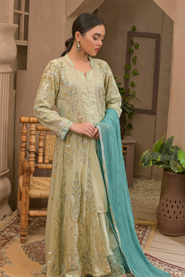 Pista Green Suit with Jacket & Teal Dupatta 4 Piece Suit - Image 2