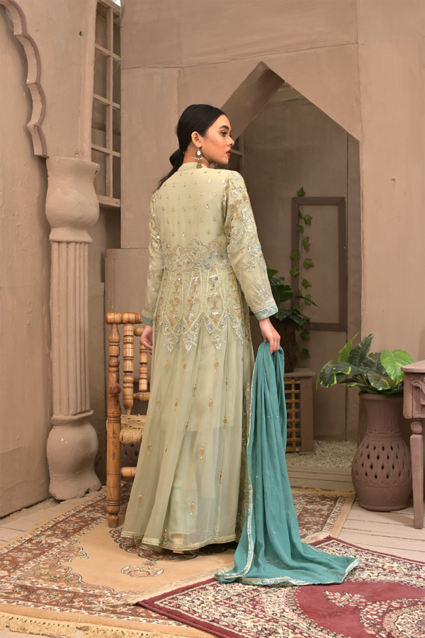 Pista Green Suit with Jacket & Teal Dupatta 4 Piece Suit - Image 4