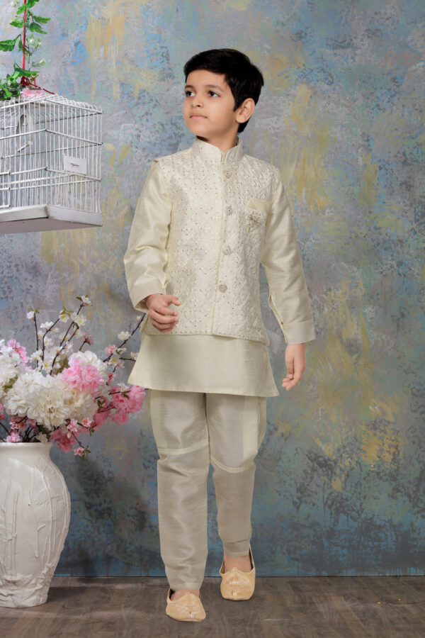 Boys White Kurta And Pajama Set - Image 3