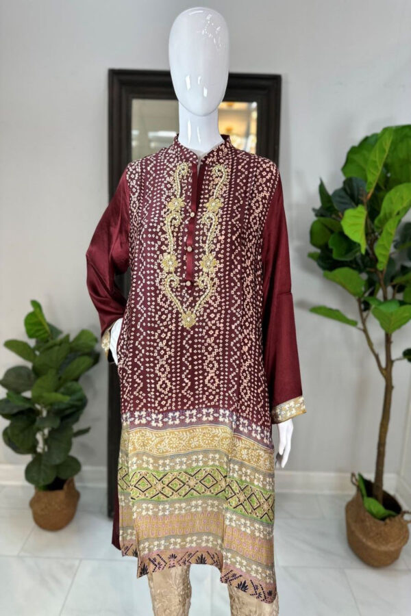 Brown Silk Digital Print Kurti - Image 3