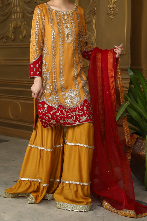 Mustard Yellow & Gold work Gharara Pant Suit with Red Dupatta