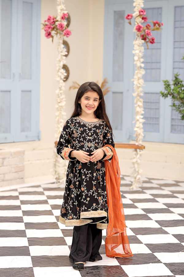 Black Formal Girl's Suit with Gold thread work & Orange Dupatta
