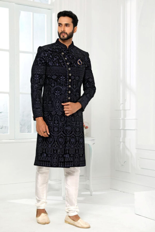 Black Mens Sherwani with Blue Self work and Sequins